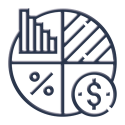 Icon mit Diagramm, Prozentzeichen und Dollar-Symbol als Darstellung von Wirtschaftlichkeit